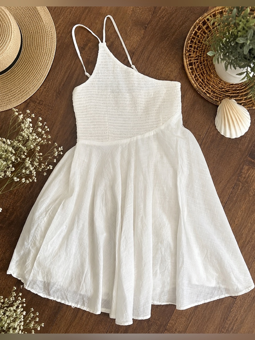 Urban Outfitters White One-Shoulder Smocked Cotton Mini Dress | Size S